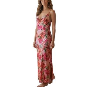 Paper Heart Pink Tropical Satin Slip Dress, Side Slit, Adjustable Straps - Large